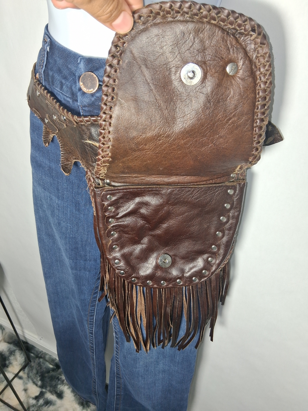 TRIBE America Brown Leather Fringe Hip Bag - Picture 4 of 9